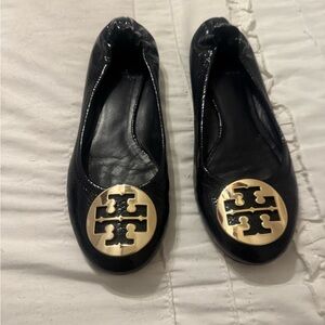 Tory Burch Black Flats with Gold Emblem